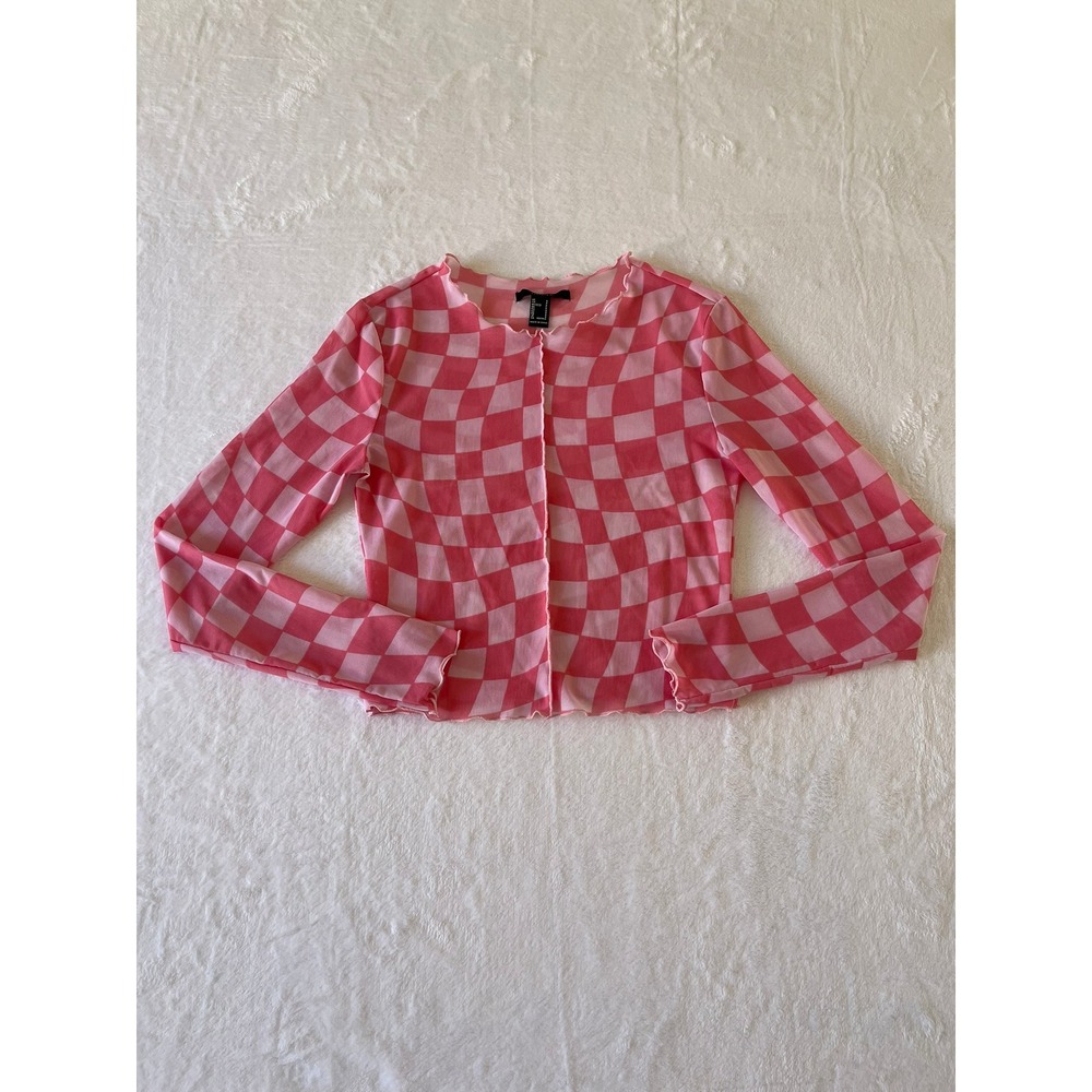 Forever 21 Pink Checkered Mesh Long Sleeve Top Lettuce Edge Sheer Y2K Small